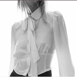 Zara Elegant White Blouse with Tie Neck, Size L NEW WITH TAG!